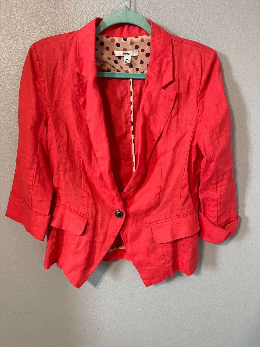 Papaya Womens M Coral Linen Blazer Jacket 3/4 Sleeve Preppy Coastal Career